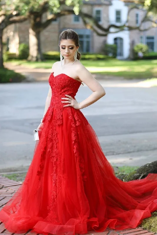 Gorgeous Long Red Lace Prom Dresses Sweetheart Strapless Evening Gown