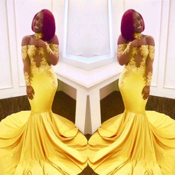 Lace Yellow Prom Dresses Mermaid Off-the-Shoulder Evening Gowns