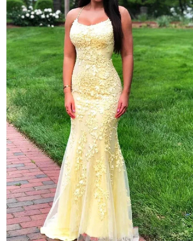 Long Mermaid Yellow Prom Dresses Lace Evening Dress Spaghetti Straps