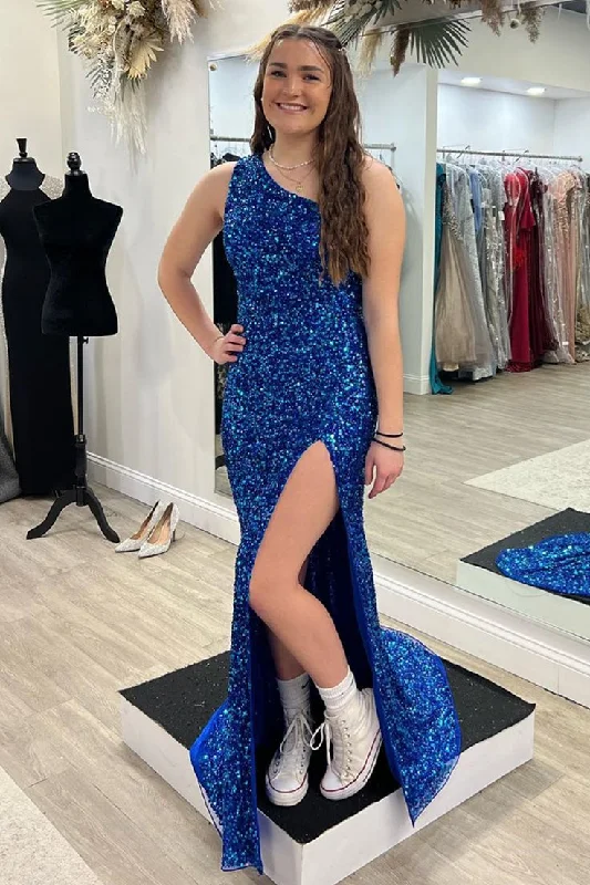 Sequin Prom Dresses 2025 Long One Shouder Evening Dress Royal Blue