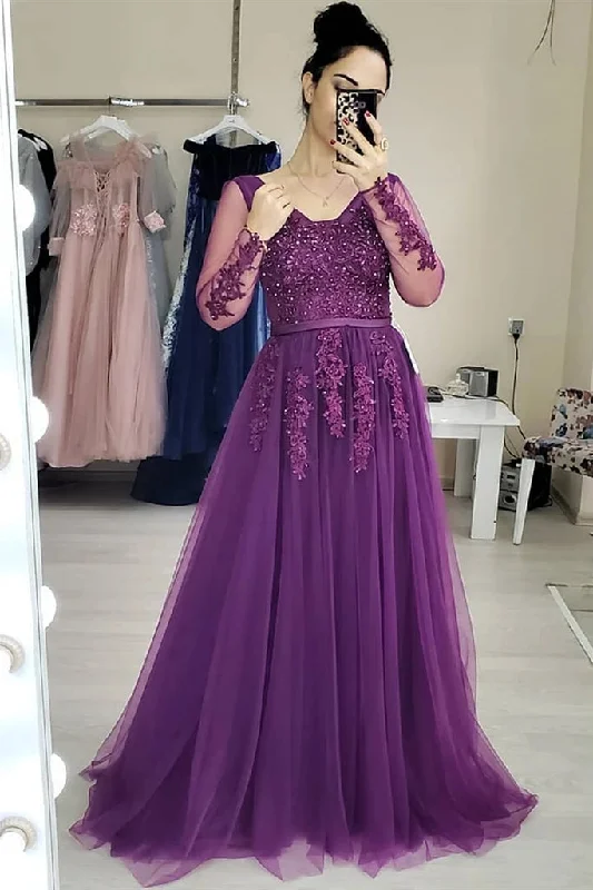 Purple Lace Long Sleeves Prom Dresses Appliques Tulle Evening Gowns