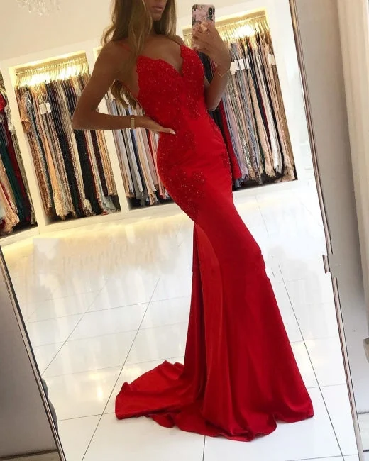 Red Lace Prom Dresses Spaghetti Straps Mermaid Evening Dress