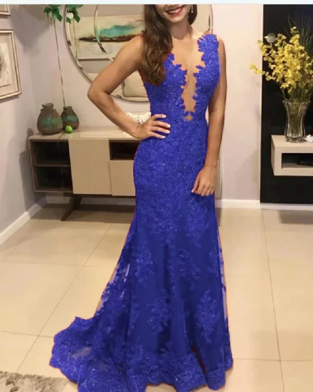 Royal Blue Lace Mermaid Prom Dresses Long Evening Dres