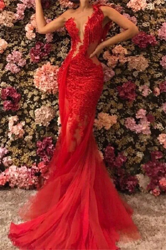 See Through Lace Red Prom Dresses One Shoulder Evening Gown