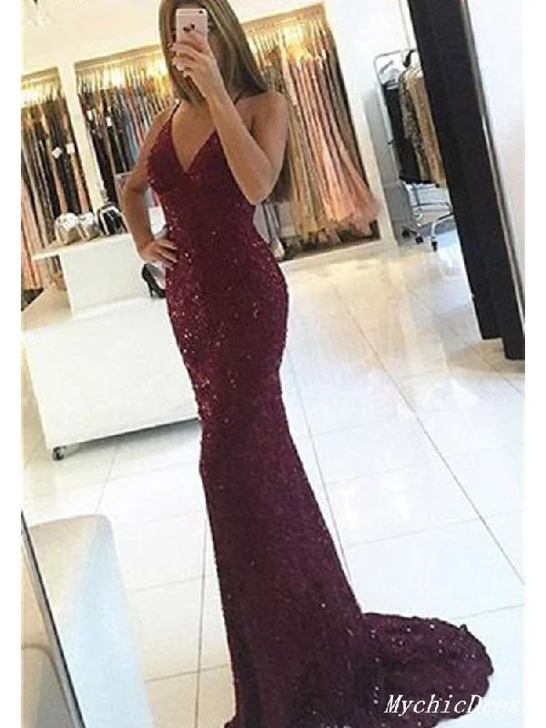 Sequin Burgundy Prom Dresses V Neck Long Mermaid Evening Gowns