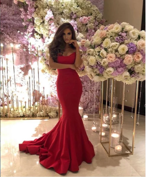 Sexy Long Mermaid Red Prom Dresses Sleeveless Evening Gown