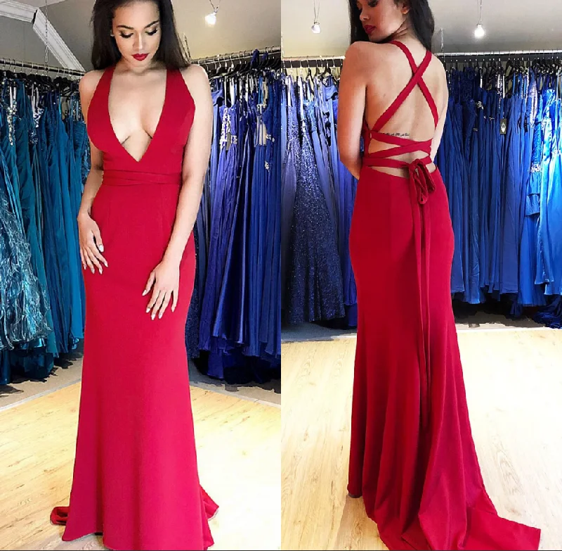 Sexy Long Red Prom Dresses Sleeveless Mermaid Evening Dress