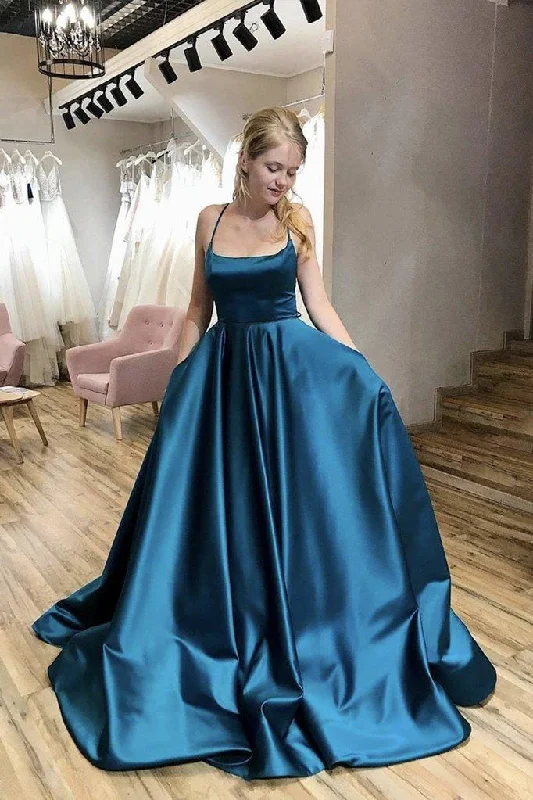 Simple A Line Satin Prom Dresses Emerald Green Long Evening Dress