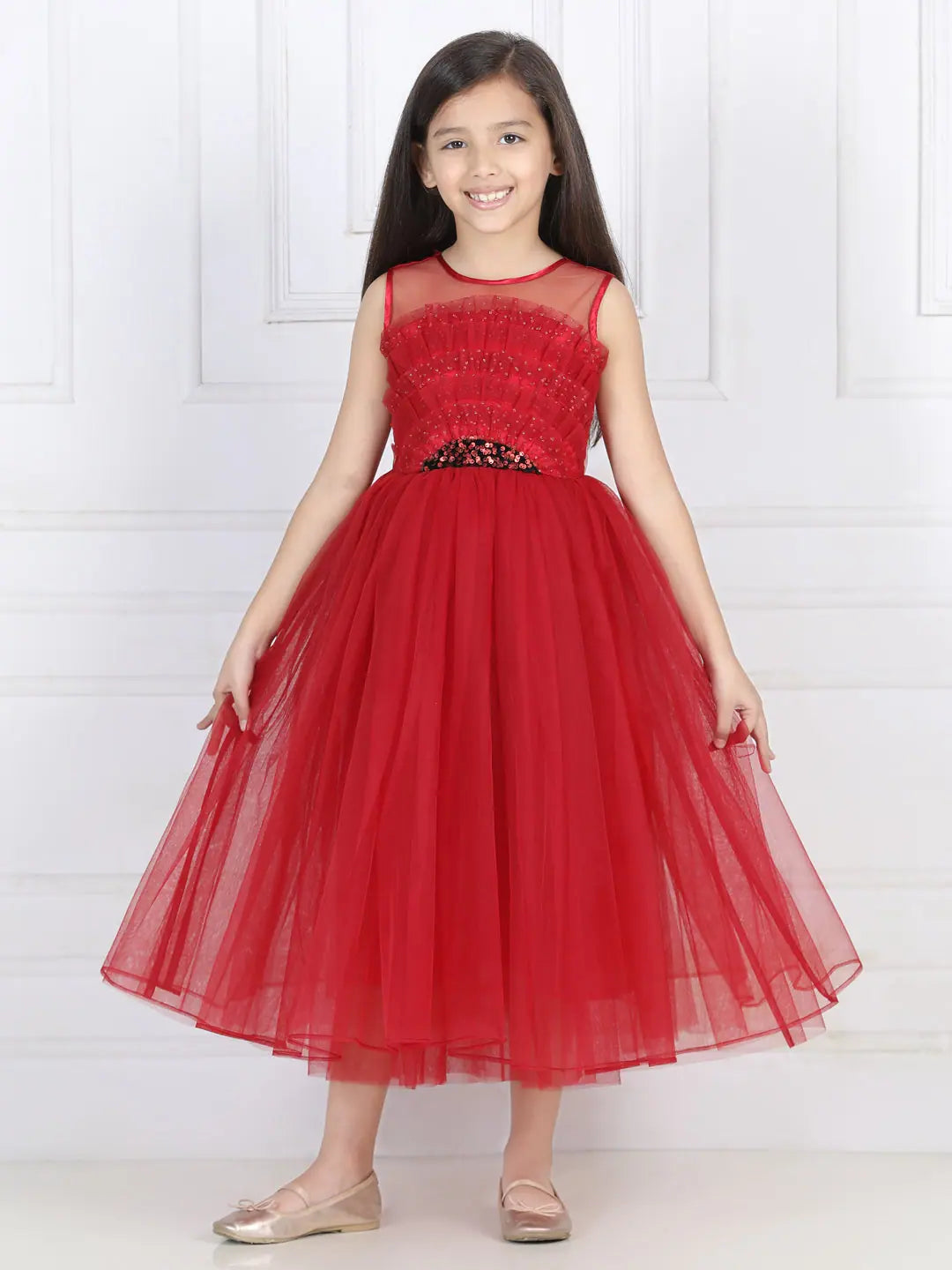 Toy Balloon Kids Maroon Full Length Girls Party Wear Gown