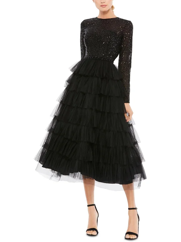 Womens Sequined Ruffled Cocktail and Party Dress