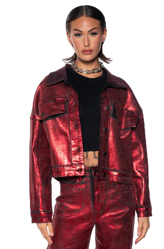 FULL RIDE METALLIC DENIM JACKET IN RED