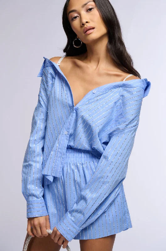 ICED OUT RHINESTONE STRIPE OFF THE SHOULDER POPLIN BLOUSE