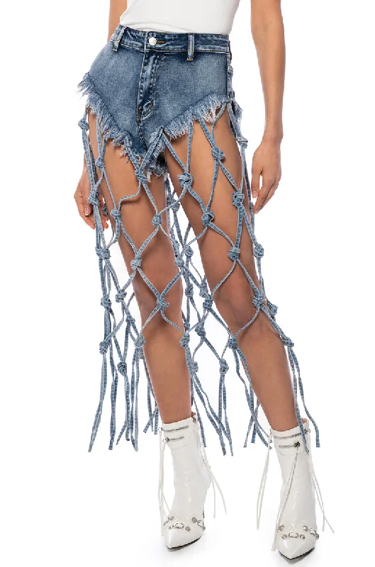 SOMETHING TO TALK ABOUT BOOTY DENIM SHORT MIDI SKIRT