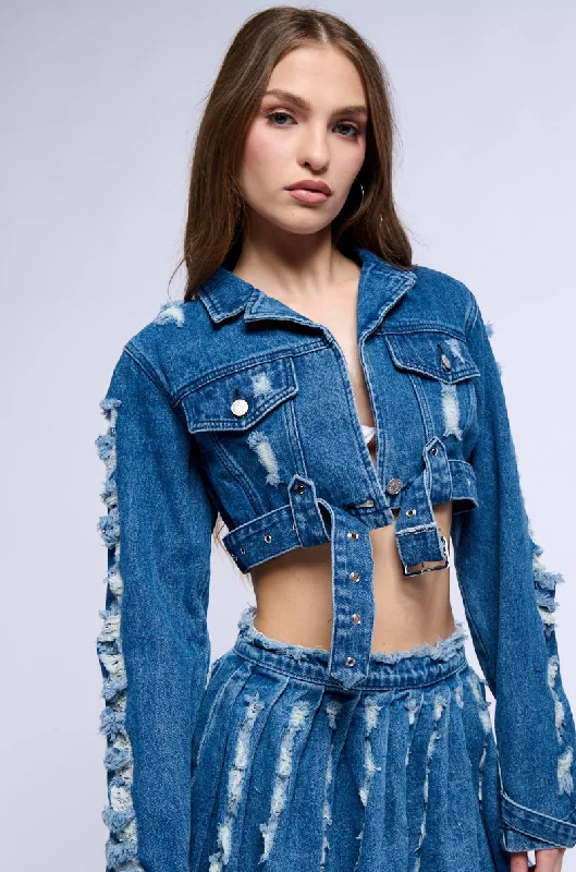 STRESSED OUT CUT OUT CROP DENIM JACKET